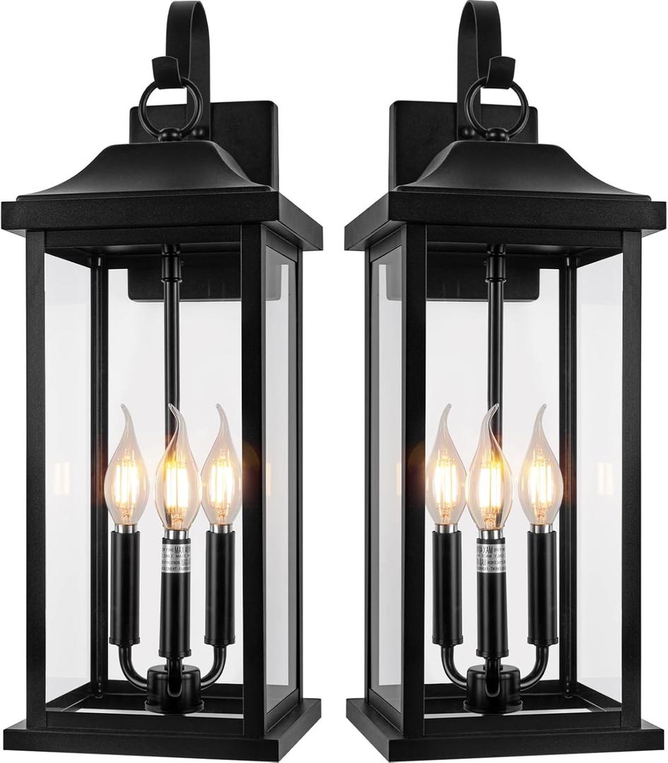 2-Pack 23" Extra Large Outdoor Wall Lights Candelabra 3-Light, IP65 Waterproof Exterior Lights with Clear Glass Front Porch Lanterns Outdoor Wall Sconce Lighting Outside Coach Lights, E12 (Matte Black)