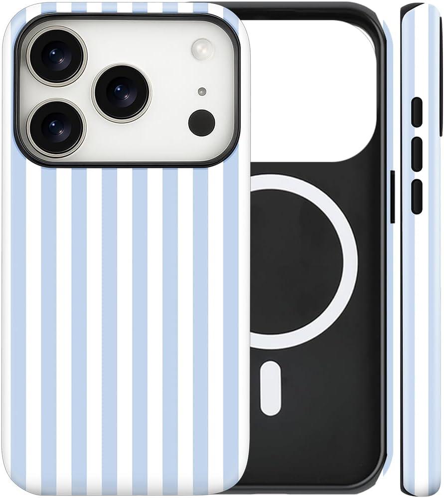 Magnetic for iPhone 17 Pro Max Case Cute Stripes Phone Case, Shockproof Slim TPU and Hard PC Protective Phone Cover Compatible with MagSafe Designed for Women Girls, Blue and White