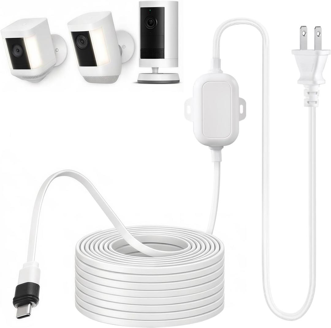25ft USB C Power Adapter for Ring Spotlight Cam Plus/Pro (Battery) & Ring Outdoor Cam Plus (Battery), Outdoor Weatherproof Charger for Continuous Power, White