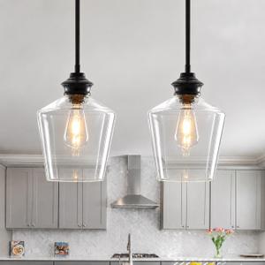 2 Pack Glass Pendant Lights Kitchen Island, 8 Inch Modern Black Kitchen Pendant Lighting Over Island, Adjustable Hanging Island Lights for Kitchen, Dining Room, Sink, 8.27'' H X 7.68'' W X 7.68'' D
