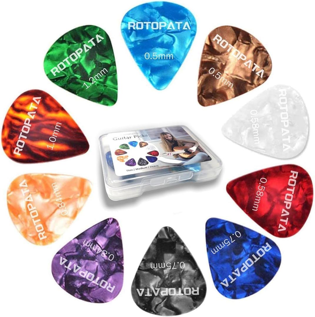60 Pack Guitar Picks with Organizer Storage Box, 0.5 0.58 0.75 0.84 1.0 1.2mm Includes Thin Medium Heavy Thickness, Variety Colorful Celluloid Plectrums for Bass Electric Acoustic Guitars Ukulele