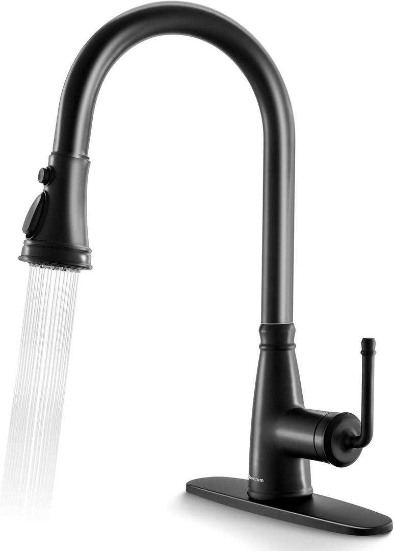 Kitchen Faucet with Pull Down Sprayer, 17 inch Matte Black Antique Single Handle Pull Out Kitchen Sink Faucet with Deck Plate for Classic Modern Ktichen