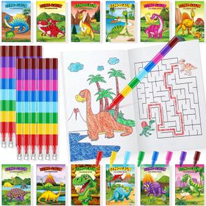 BenLouis 24 Dinosaur Mini Coloring Books Kids with 24 Stacking Crayons Dino Birthday Party Favors Activity Books Bulk for Kids Jurassic Goodie Bag Gift Stuffer Classroom Reward
