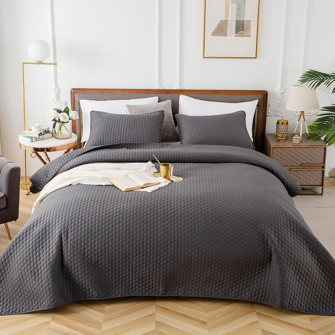 HENGWEI Dark Gray Queen Size Quilt Set,Lightweight Microfiber Quilts Reversible Bedspreads 3 Pieces,Bedding Coverlet(Includes 1 Quilt,2 Pillow Shams)