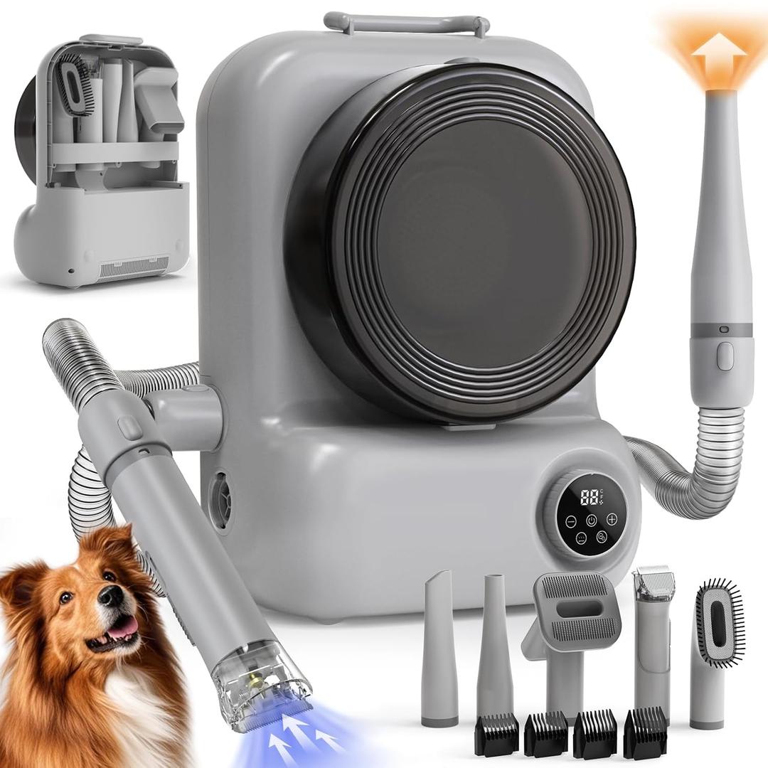 Pet Grooming Vacuum and Dryer for Dogs with 3L Large Canister, Dog Grooming Vacuum Able to Store All Attachments, Powerful 15000Pa Suction Dog Vacuum for Shedding Grooming, Grey