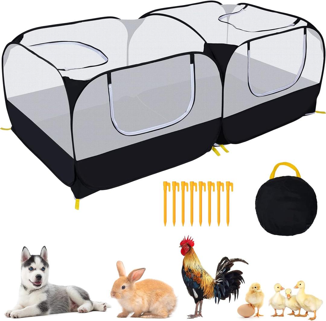Small Animals Playpen,Pet Cage Tent Large Chicken Run Coop with Detachable Bottom Breathable Transparent Mesh Walls, Foldable Pet Enclosure for Puppy Kitten Rabbits Indoor Outdoor playpen (Black with Detachable Bottom)