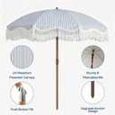 Tobeos 7FT Patio Umbrella with Fringe, Outdoor Tassel Umbrella with Fiberglass Ribs, Boho Beach Umbrella, Push Button Tilt and Carrying Bag, UPF50+, Blue and White Stripe