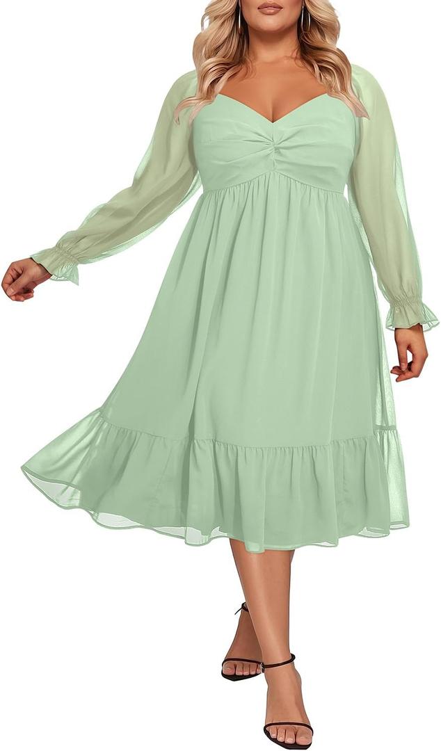 Talisea Plus Size Dresses Sweetheart Neckline Long Sleeves Chiffon Party Cocktail A Line Curvy Womens Midi Dress (Green), 14W