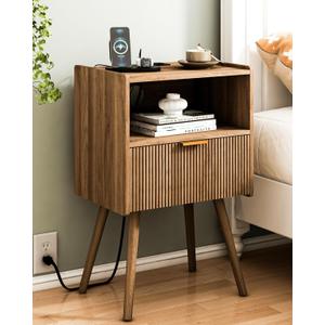 Nightstand with Outlet,Modern Bedside Table with Storage Drawer and Open Wood Shelf, for Living Room, Bedroom and Small Spaces, Accent Night Stand with Solid Wood Legs, Easy Assembly,Brown