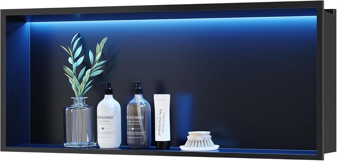 RGB LED Light Shower Niche, Matte Black 30X12 in Stainless Steel Wall Niche with Remote Control, Waterproof No Tile Needed Wall Niche for Bathroom Storage Built-in Installation