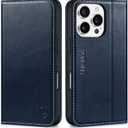 SHIELDON Case for iPhone 16 Pro 6.3", Genuine Leather Wallet Flip Magnetic Cover RFID Blocking Credit Card Holder Kickstand TPU Shockproof Case Compatible with iPhone 16 Pro 5G - Retro Dark Blue