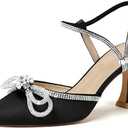 Susanny Women's Closed Toe Rhinstone Wedding Low Heel Slingback Clear Kitten Heels,Adjustable Strap Pointed Toe Bow Pumps High Heeled Prom Dress Shoes Size 7