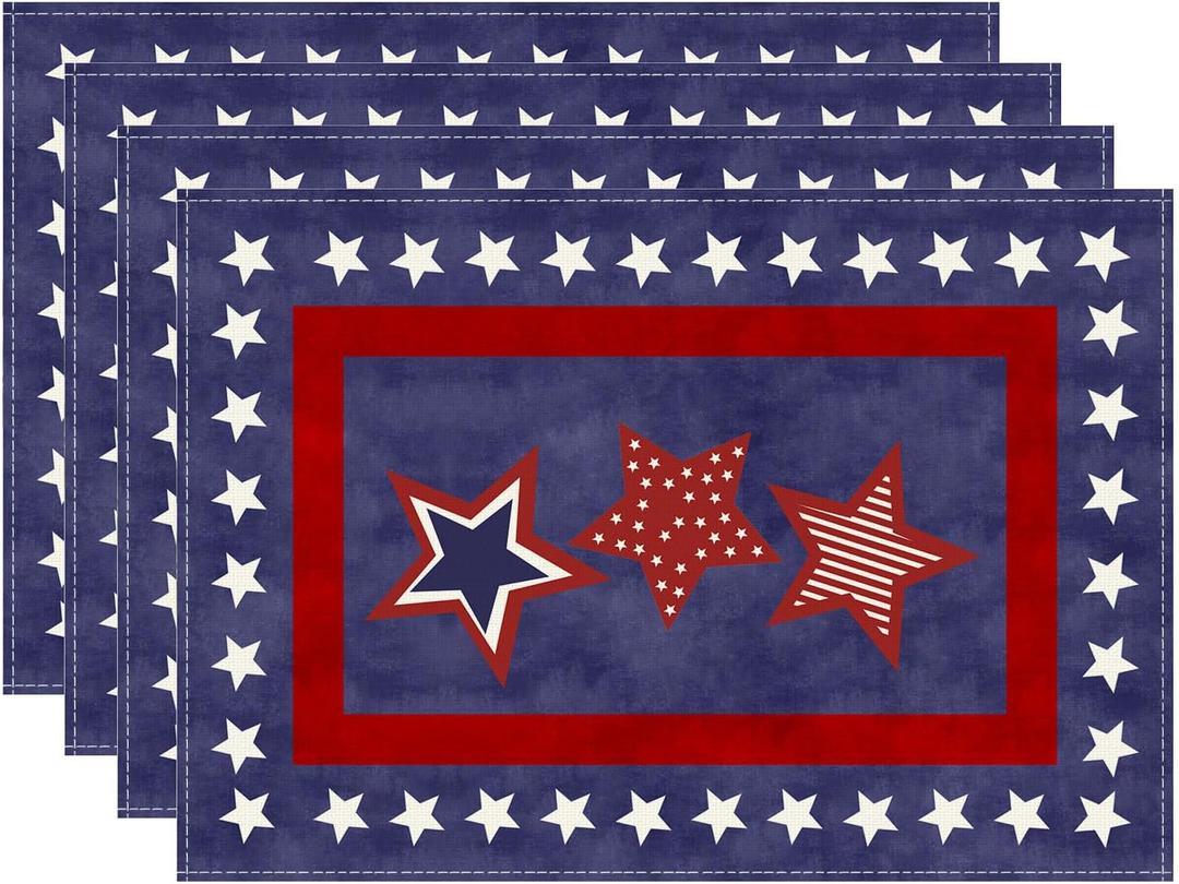 XCHI Blue Patriotic Red White Stars America 4th of July Memorial Day Independence Day Placemats Set of 4 Table Mats Decorations 12x18 Inch