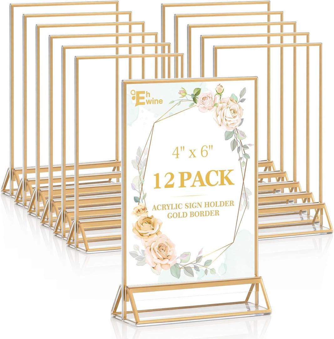 EHWINE 12 Pack Acrylic Sign Holder 4 x 6, Double Sided Gold Picture Frame Stand up Table Top Sign Holders, Clear Display Stand Menu Flyer Holder for Wedding Party
