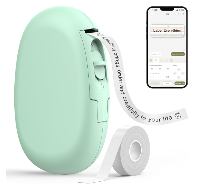 SUPVAN E10 Bluetooth Label Maker Machine with 3 Tapes, Continuous Waterproof Label, Versatile App with 35 Fonts and 1k+ Icons, Inkless Labeler for Home, Kitchen, School, Office Organization, Green