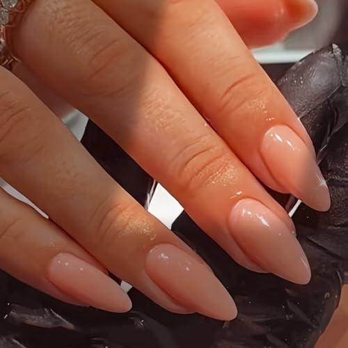 Coral Press on Nails Medium Stiletto Almond,KQueenest Glossy Peach Color Press on Acrylic Nails Set,Reusable Medium Fake Nails for Women Nails Art Manicure in 24 PCS