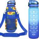 32 oz Water Bottles with Straw & Strap, Motivational Water Bottles with Times to Drink, BPA Free Reusable Sports Water Bottle with Sleeve Carrier for Hiking, Travel, Running or Fitness