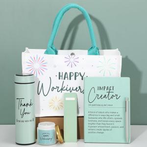 Thenshop 6 Pcs Happy Workiversary Gifts Set for Men Women Employee Appreciation Gifts Include Tumbler Leather Notebook Pen Tote Bag Scented Candle for Office Coworker Employee(Sage Green)