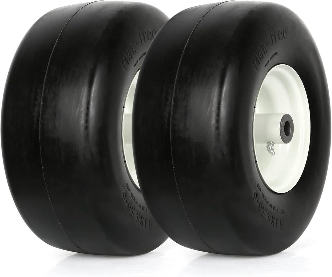 WEIZE 13x6.50-6 Flat Free Lawn Mower Tire with Rim, 5.5" Centered Hub, 3/4" or 5/8" or 1/2" Bushing, 450lbs Capacity, Set of 2 (Fit Most Cub cadet, Toro Zero Turn Mower, Not Fit Gravely) (13x6.50-6 Flat Free with Rim, White)