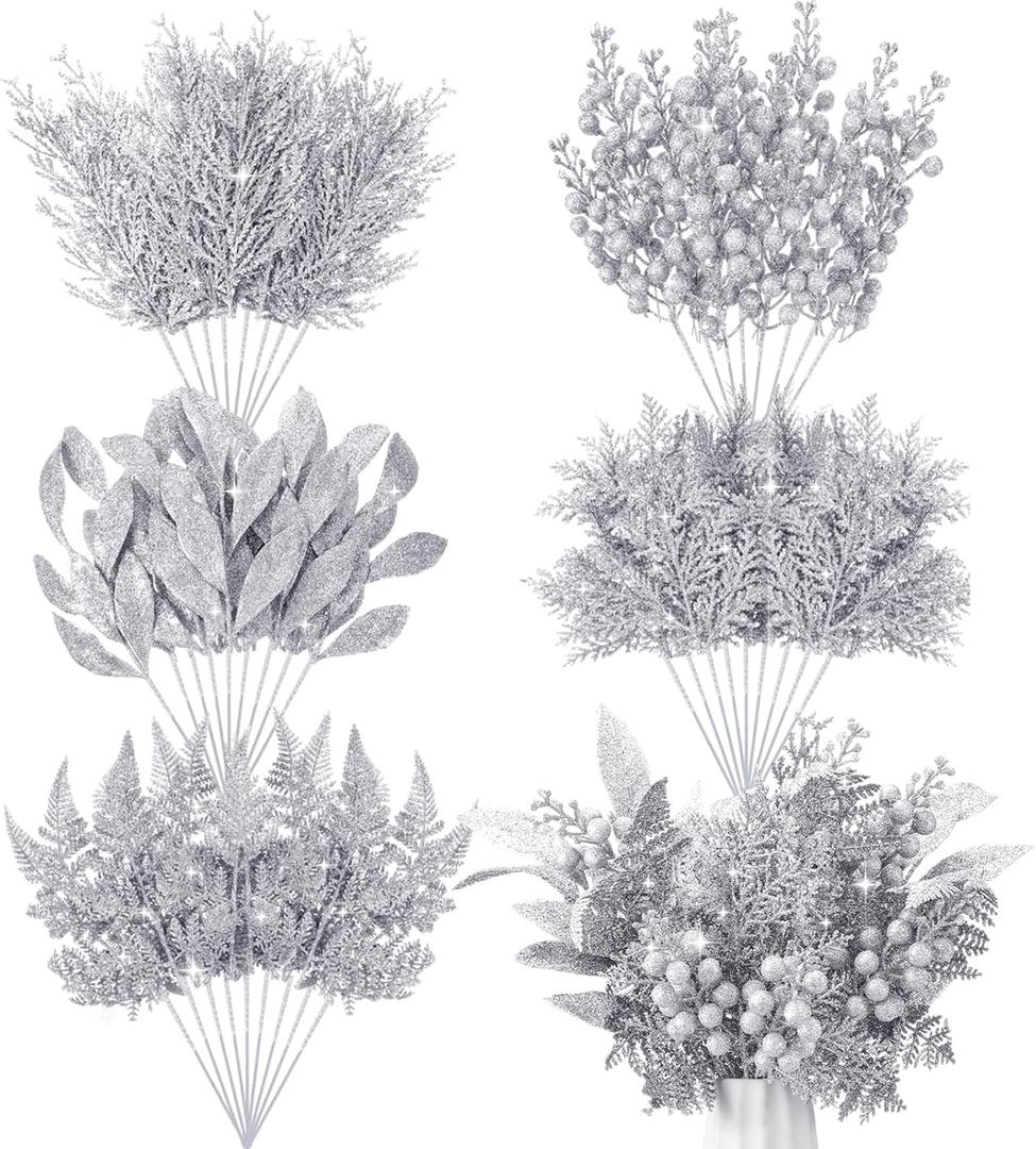 75 Pcs Christmas Glitter Picks Artificial Christmas Tree Picks and Sprays for Tree 5 Styles Berries Stems Cedar Bay Leaves Fern Pine Branches for Vase Fillers Wreath Garland(Silver)