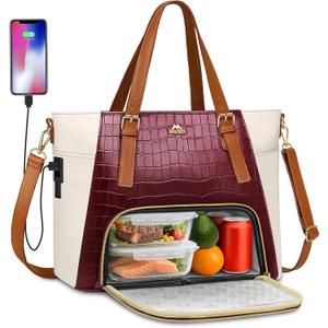 MATEIN Laptop Tote Bag with Lunch Compartment Detachable, 15.6 Inch Insulated Work Tote Bag for Women PU Leather Work Purse with Lunch Compartment, Computer Handbag Commute Office