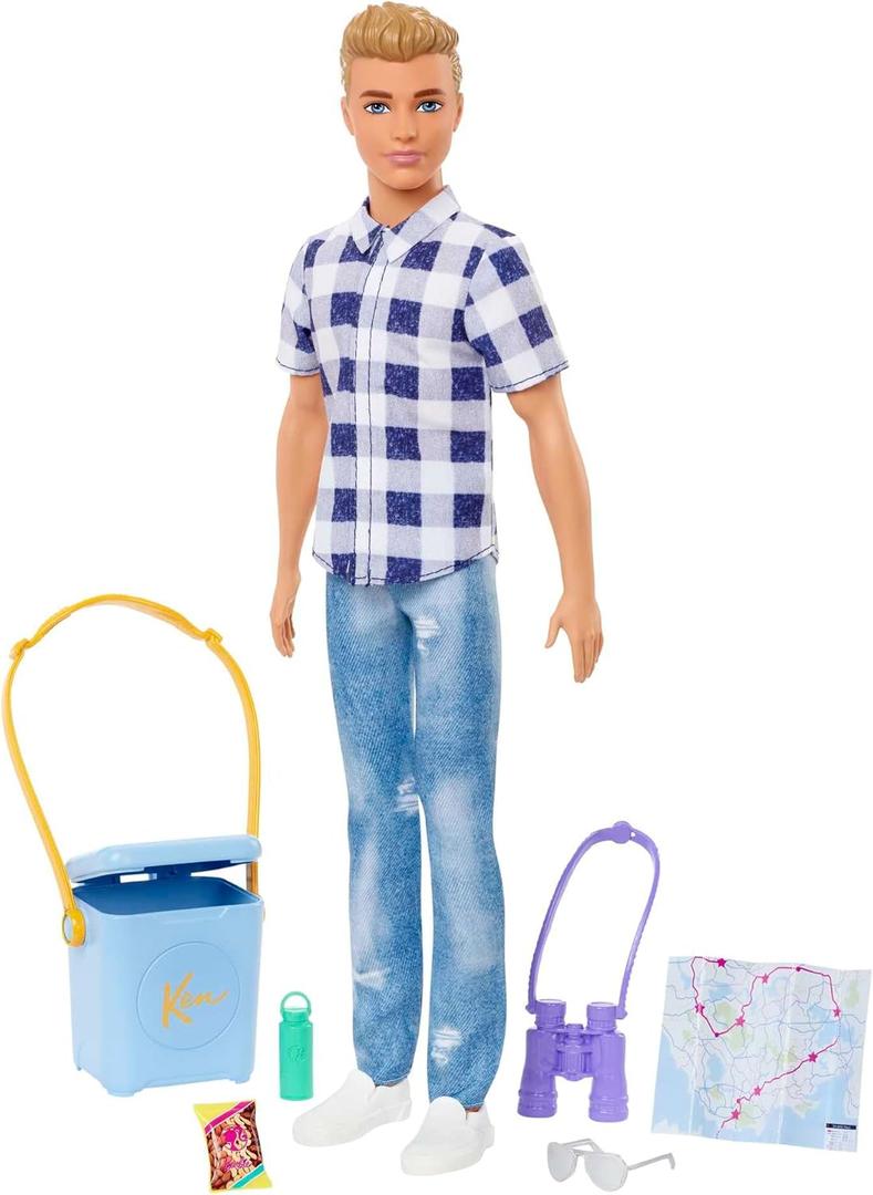 Barbie It Takes Two Camping Set with Blonde Ken Doll in Plaid Shirt & Accessories Including Cooler, Map & More