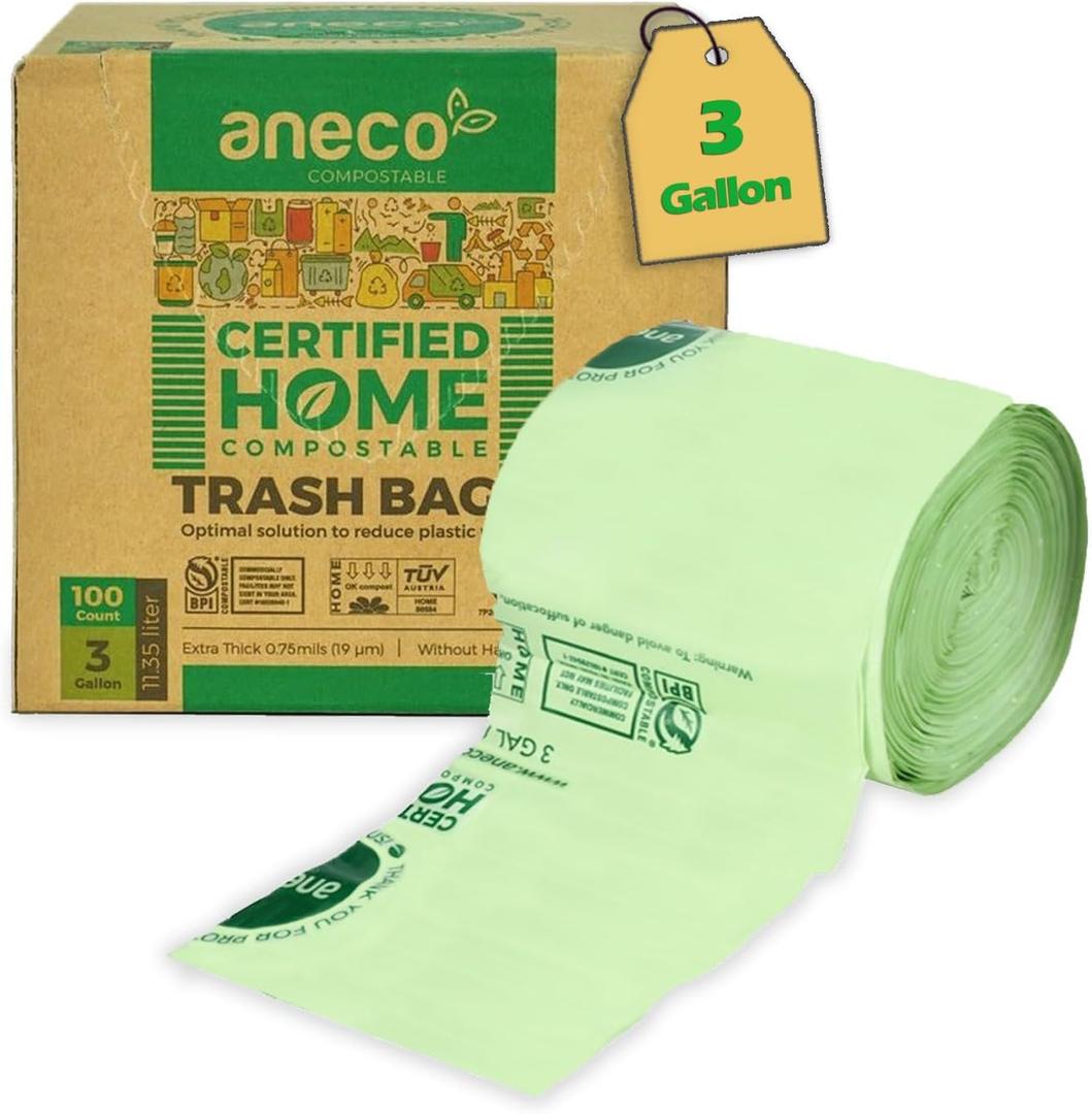 ANECO 100% Compostable Food Waste Bags 3 Gallon, 100 Count, Extra Thick Compost Bags for Countertop Bin, Small Compost Bag, Food Waste Bags with TUV OK Compost Home and BPI certified