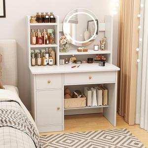 MONGMON Dressing Table,Makeup Table with Drawers, Vanity Desk with Mirror and led Lights,3 Lighting Mode,Makeup Vanity Desk,Multifunctional Makeup Writing Desk for Bedroom (White), 68742, 31.5 inches x 13.39 inches x 49.21 inches