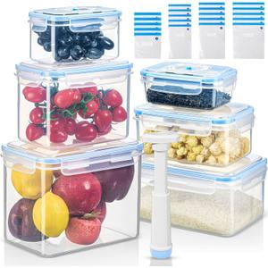 LemonRoad 33 Piece Vacuum Seal Storage Food Containers with Lids (6Containers&6 Lids&20 Sealable Bags&1 Hand Vacuum Pump), Meal Prep Containers with Lid, Airtight and Leak Proof(Blue)