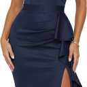 Women's Off the Shoulder Formal Evening Midi Dress Built-in Bra Bodycon Ruched Slit Elegant Holiday Cocktail Party (L)