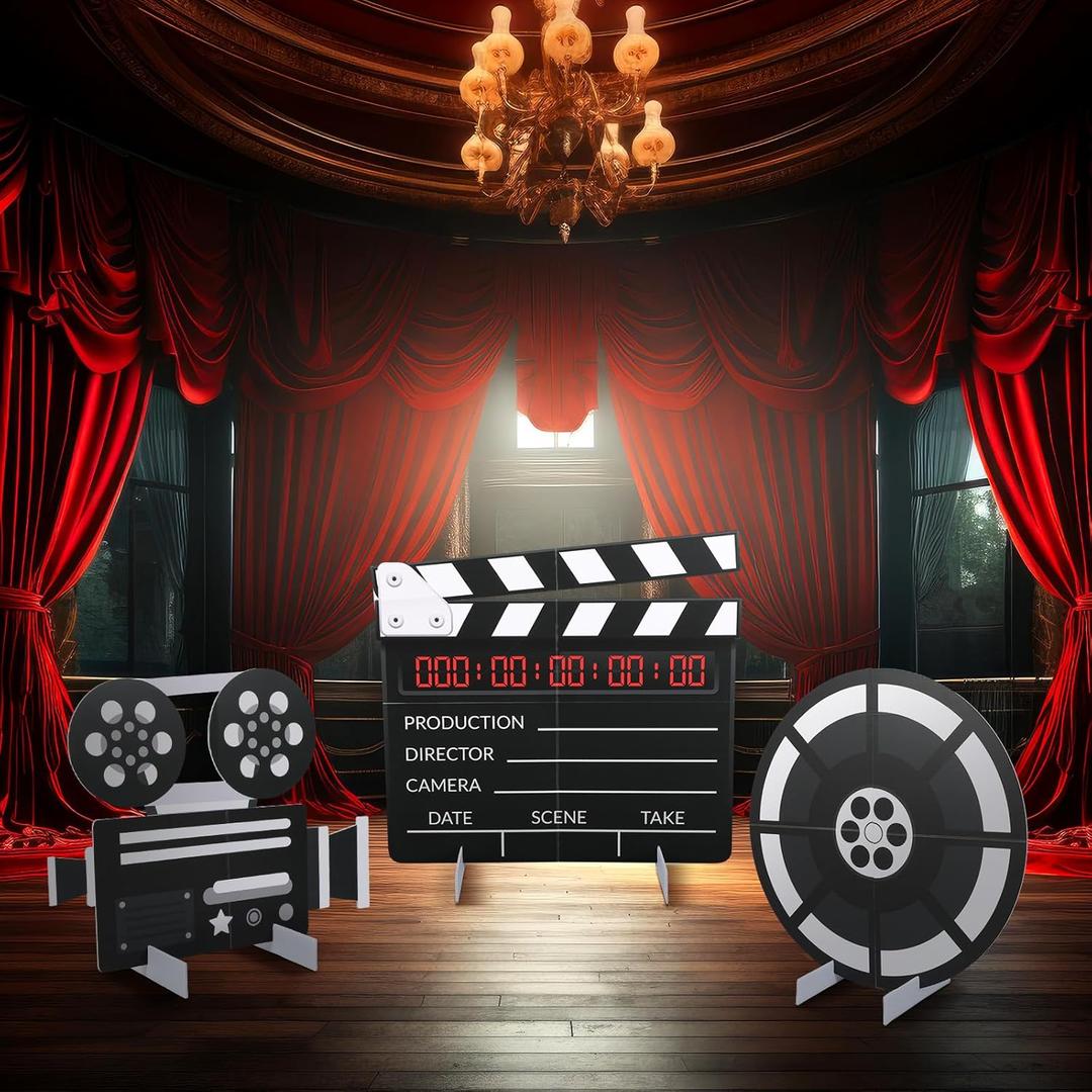 3 Pieces Large Movie Night Party Stand Decorations Movie Theater Decor 23.6 Inch Film Clapper Board and Reel Projector for Night Decorations Home Room Theater Decor Party Supplies