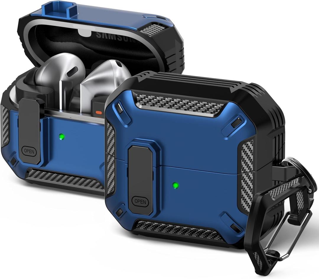 RFUNGUANGO Compatible with Samsung Galaxy Buds 3 Pro Case(2024) / Buds3 FE (2025) / Buds 3 Case (2024) with Carabiner & Cleaning Kit Phone Stand, Strong Drop Protection, Blue