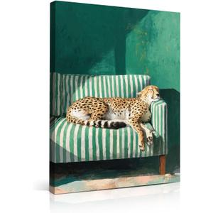 Trendy Leopard Wall Art Sleeping Cheetah on Green Striped Sofa Canvas Print, 24"L x 16"W