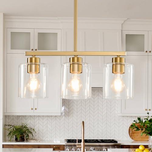 ROCUNSI 3-Light Gold Kitchen Island Lighting, Gold Pendant Light Fixture, Farmhouse Dining Room Light Fixtures Over Table, Modern Hanging Light Fixtures with Clear Glass, E26 Base, Bulbs Not Included