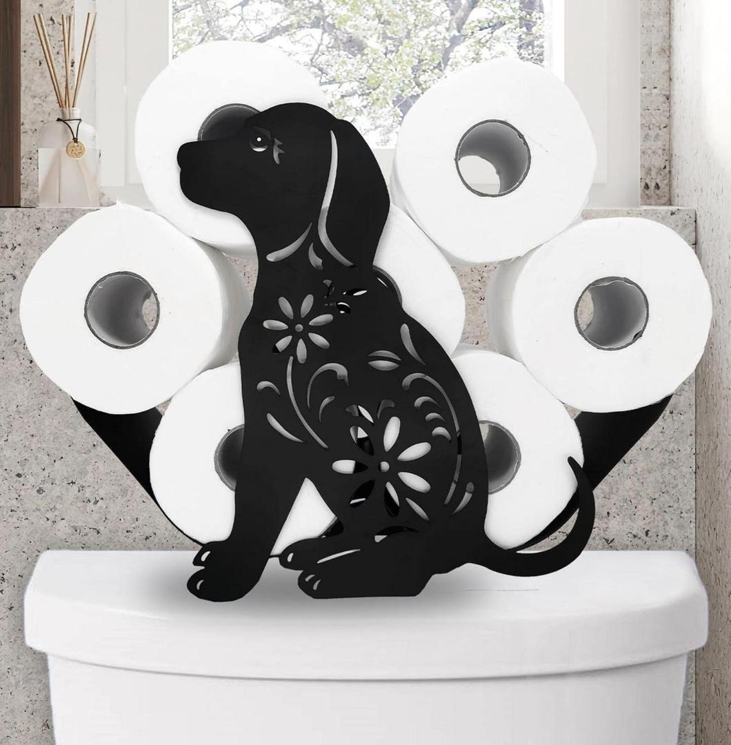 Dog Animal Paper Holders,Black Metal Toilet Tissue Holder,Decorative Metal Paper Holder,Cute Toilet Paper Storage for Bathrooms,FreeStanding Metal Toilet Paper Organizer Hold Extra 8 Rolls (Dog 14.3"lx 4.7"wx11.1"h)