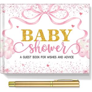 27 Pcs Bow Baby Shower Guest Book Baby Shower Sign in Guest Book Reception with Sonogram Page Keepsake Includes Gold Pen Table Card and Adhesive Photo Corner for Birthday
