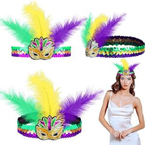 WILLBOND 3 Pcs Mardi Gras Headband Sequins Glitter Hair Band for Masquerade Mask Party 1920s Carnival Party Headwear(Eye Mask)