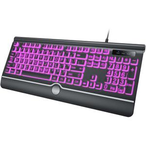 Backlit Large Print Keyboard, Wired Light Up Keyboards with 7-Color Backlit, Wrist Rest, Oversize Letters Keys Easy to See and Type, Corded Full-Size Keyboard for Windows Desktop, Laptop, PC, Gaming