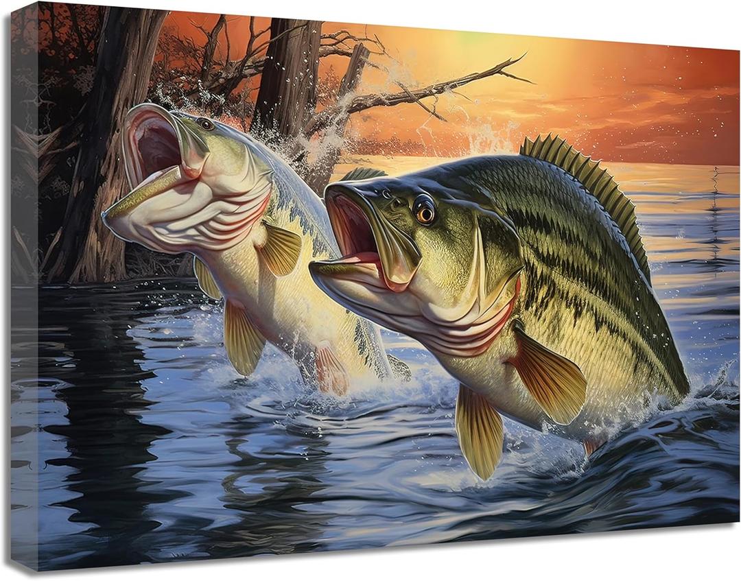 QIXIANG Fish Canvas Wall Art - Sunset Largemouth Bass Fish Jumping out of the Water Picture Prints for Nature Lovers - Bedroom Decor (16.00" x 24.00")