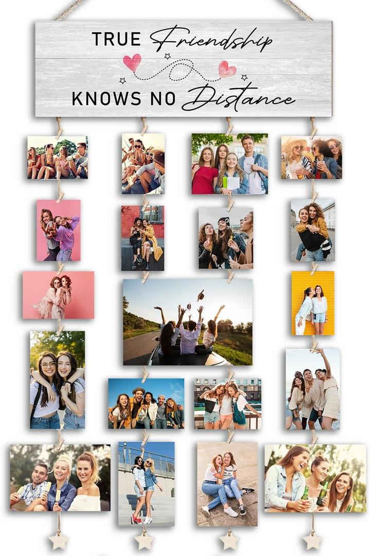 Orchroma Friendship Picture Frames Collage Wall Decor,Long Distance Friendship Gifts,Friends Photo Board,Hanging Photo Display with Clips,True Friendship Knows no Distance