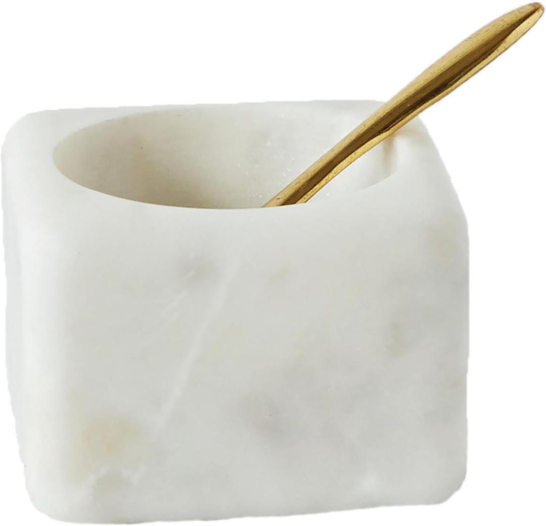 Creative Co-Op Square Marble Bowl with Brass Spoon, White (3")