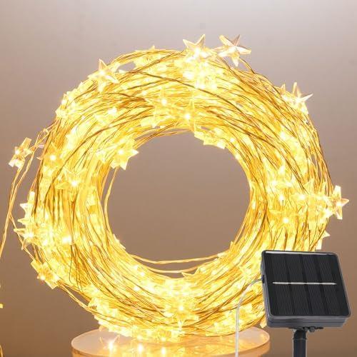 ZELUXDOT Solar Star Lights Outdoor,40FT 120 LEDs Star Fairy Lights Solar Powered,Waterproof Starry String Light for Outdoor Indoor Christmas Wedding Garden Ramadan Decor,Silver Wire,Warm White