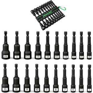 Magnetic Nut Driver Set, 20-Piece Metric & SAE 1/4" Hex Shank, Drill Socket Set, Impact Driver Bit Sets, Magnetic Bit Holder with Aluminum Alloy Snap Clip, 65mm Long Hex Bits, Quick Change Tool