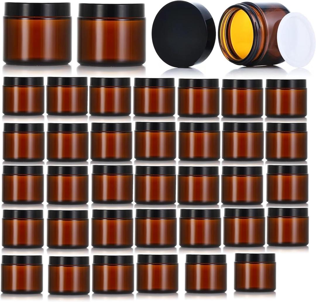 36 Pack 1oz Amber Glass Jars with Black Lids, Small Round Cosmetic Jars with with Inner Liners, Glass Containers for Homemade Creams, Candle, Skincare, Lotion, Travel