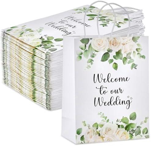 Kolldenn 50 Pcs Welcome to Our Wedding Gift Bags for Hotel Guests Bulk, Paper Wedding Welcome Bags with Handles for Bridal Shower Gifts Engagement Party Favors(White,Roses)