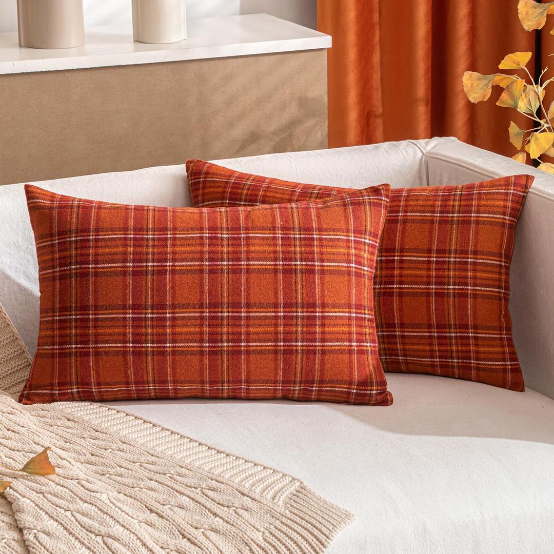 MIULEE Fall Set of 2 Scottish Tartan Plaid Lumbar Throw Pillow Covers Farmhouse Classic Decorative Outdoor Square Cushion Cases for Decor Sofa Couch 12x20 Inch, Rust