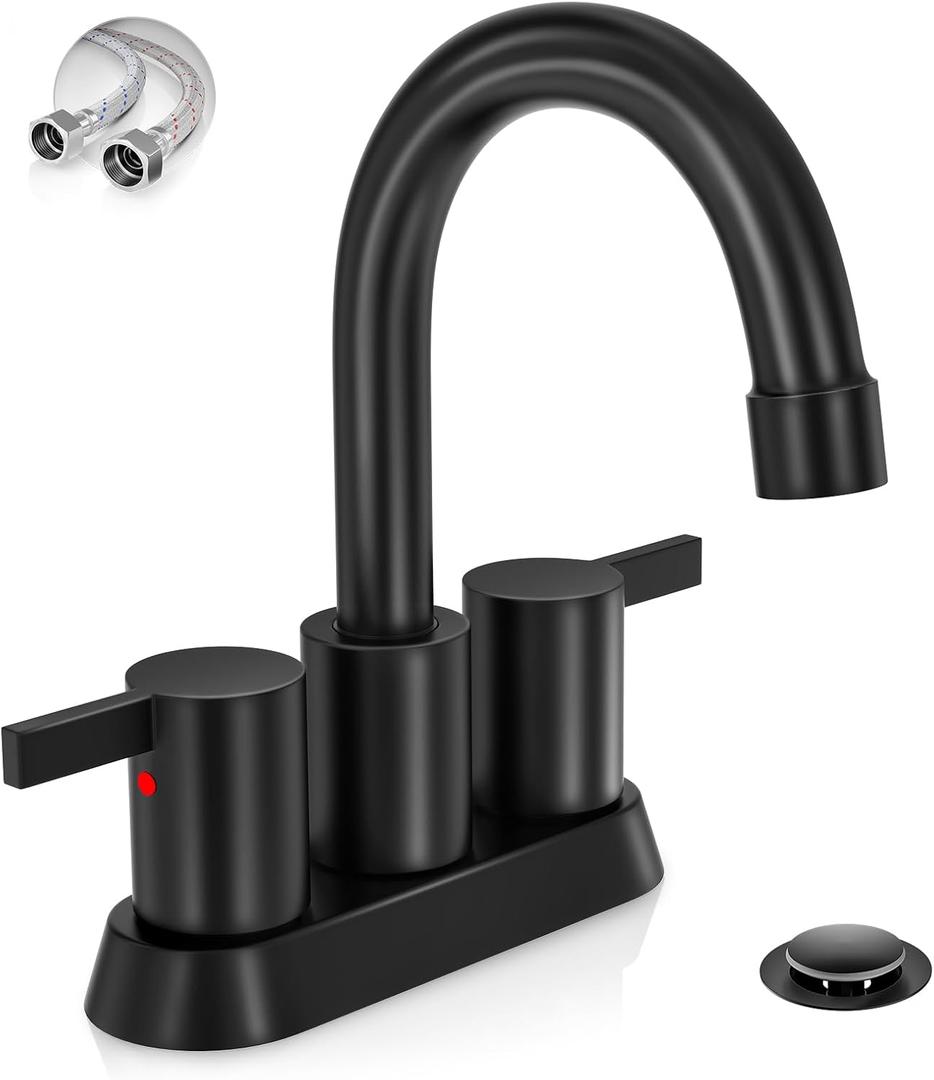Phiestina 4 Inch 2 Handle Centerset Matte Black Lead-Free Modern Bathroom Faucet, 360 Swivel Spout 2-3 Hole RV Bathroom Vanity Sink Faucet with Pop Up Drain and Water Supply Lines,BF015-1-MB