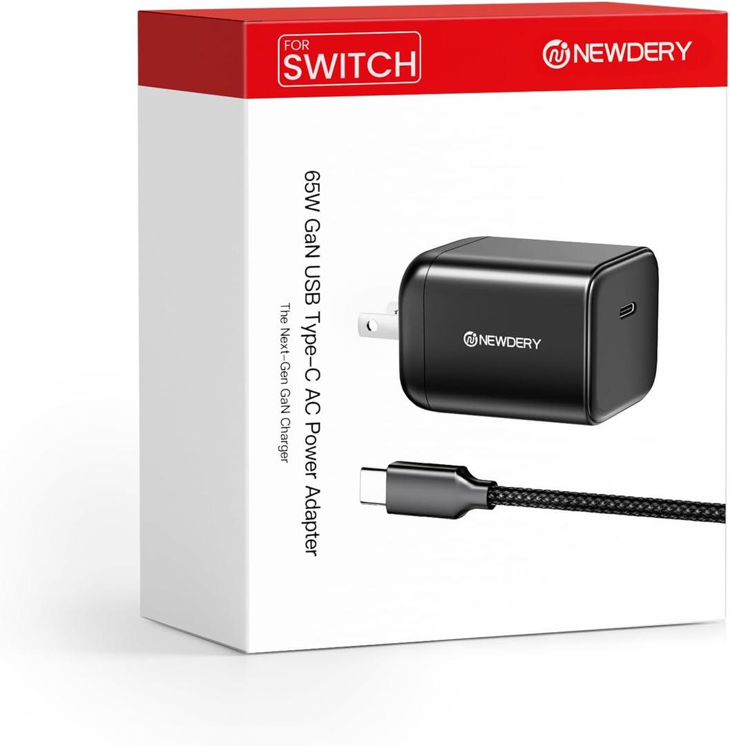 NEWDERY USB-C 65W GaN Charger for Nintendo Switch 2 (TV Mode), Small PD PPS USB-C Fast Wall Charging Block with 5ft Cable for Switch, Steam Deck, ROG Ally, iPhone, Android, Tablet & Laptop