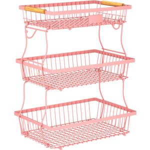 3 Tier Fruit Basket for Kitchen Counter with 2 Banana Hangers, Countertop Metal Fruit Bowl with Wooden Handle, Large Storage Stand for Vegetables, Snacks, Breads, Produce Storage – Pink