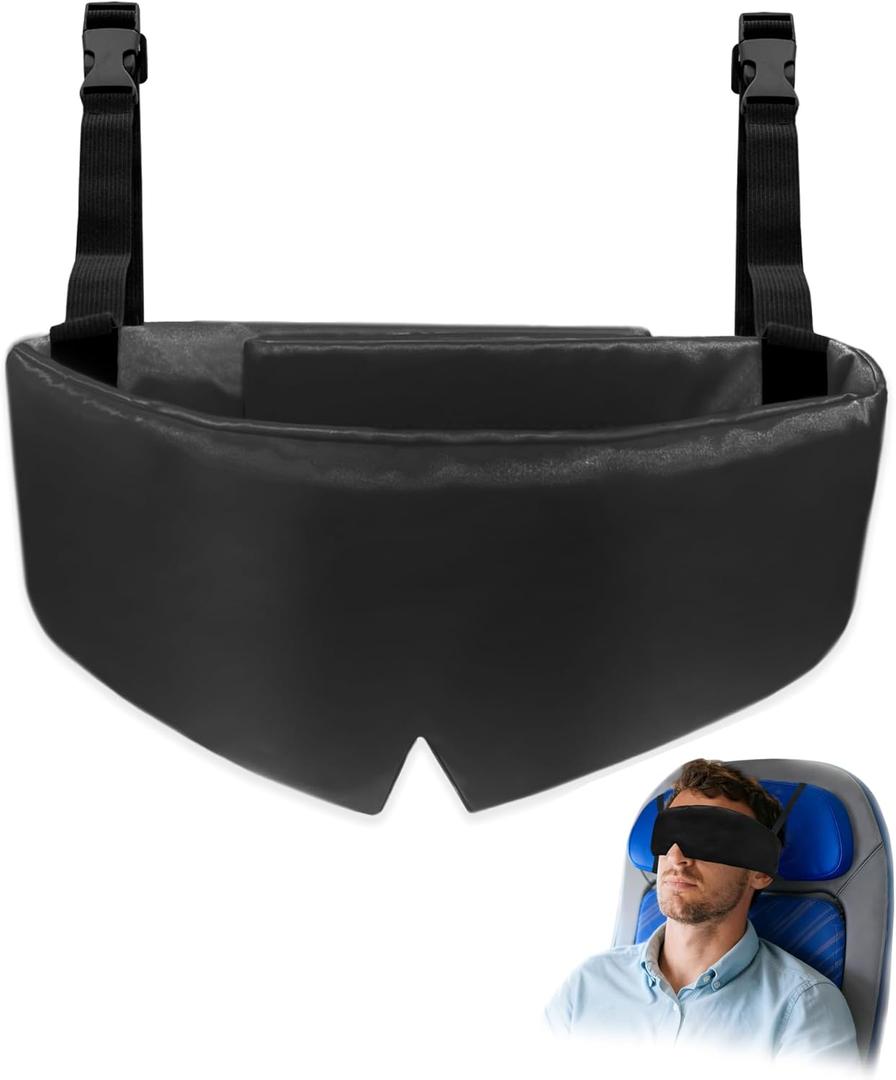 Travel Pillows for Airplanes, Airplane Head Strap with Silk Eye Mask for Sleeping, Long Flights & Car Road Trips 360Headrest Neck Support, Stops Bobbing, Small & CompactBlack